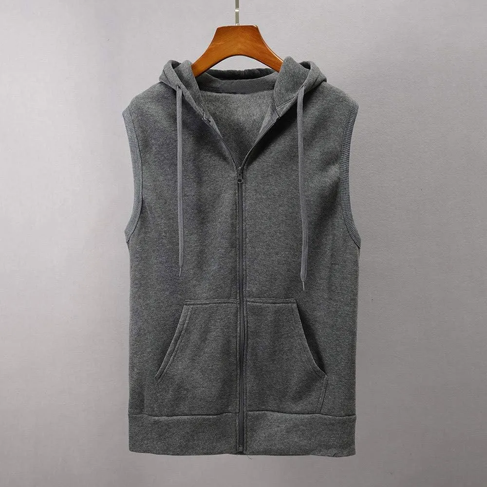 2023 Men's Full Zip Sleeveless Hoodies Casual Solid Color Drawstring Vest Jacket with Front Pocket Loose Hippie Tank Tops