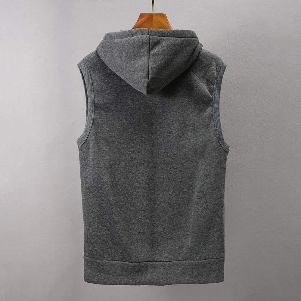 2023 Men's Full Zip Sleeveless Hoodies Casual Solid Color Drawstring Vest Jacket with Front Pocket Loose Hippie Tank Tops