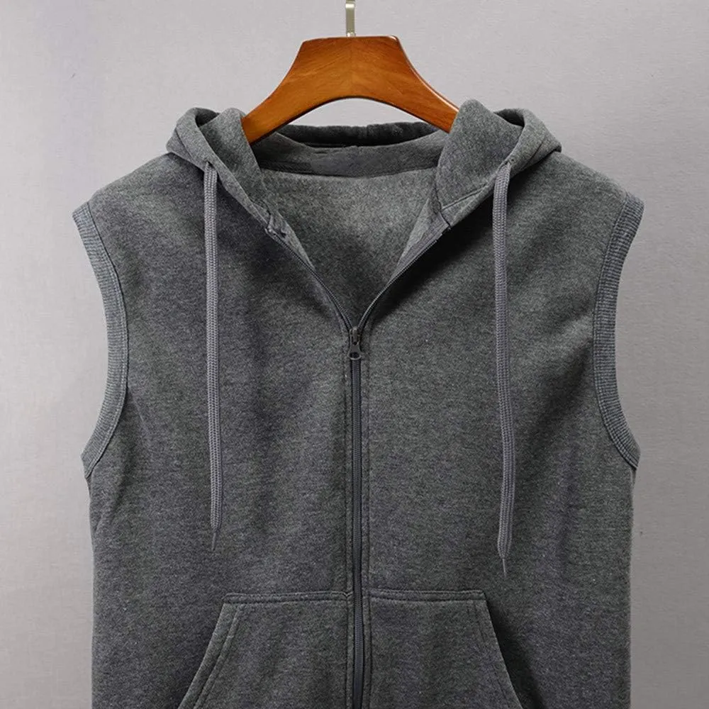 2023 Men's Full Zip Sleeveless Hoodies Casual Solid Color Drawstring Vest Jacket with Front Pocket Loose Hippie Tank Tops