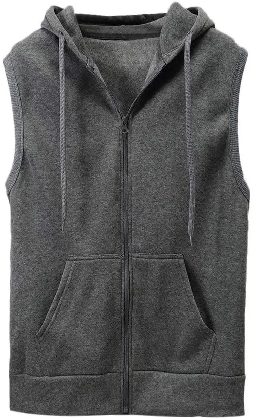 2023 Men's Full Zip Sleeveless Hoodies Casual Solid Color Drawstring Vest Jacket with Front Pocket Loose Hippie Tank Tops