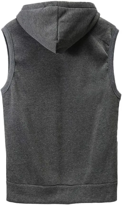 2023 Men's Full Zip Sleeveless Hoodies Casual Solid Color Drawstring Vest Jacket with Front Pocket Loose Hippie Tank Tops