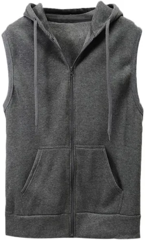 2023 Men's Full Zip Sleeveless Hoodies Casual Solid Color Drawstring Vest Jacket with Front Pocket Loose Hippie Tank Tops