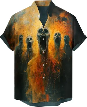 2024 Halloween Bowling Shirts Mens Pumpkins Skull Horror Graphic Funny Holiday Shirts Short Sleeve Aloha Shirts