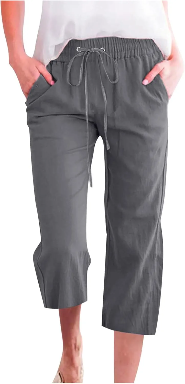 4Th of July Capri Pants for Women Casual 2024 Summer Drawstring Elastic High Waist Linen Pant Straight Wide Leg Cropped Trouser Deals of The Day Lightning Today Prime Outdoor