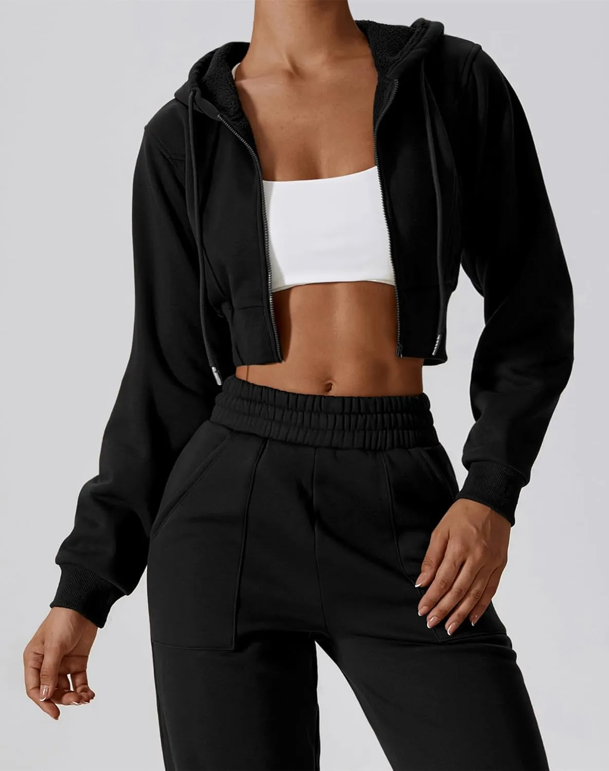 ABOCIW Women's Long Sleeve Cropped Zip Up Hoodies Sweatshirt Fall Winter Cozy Fleece Jacket