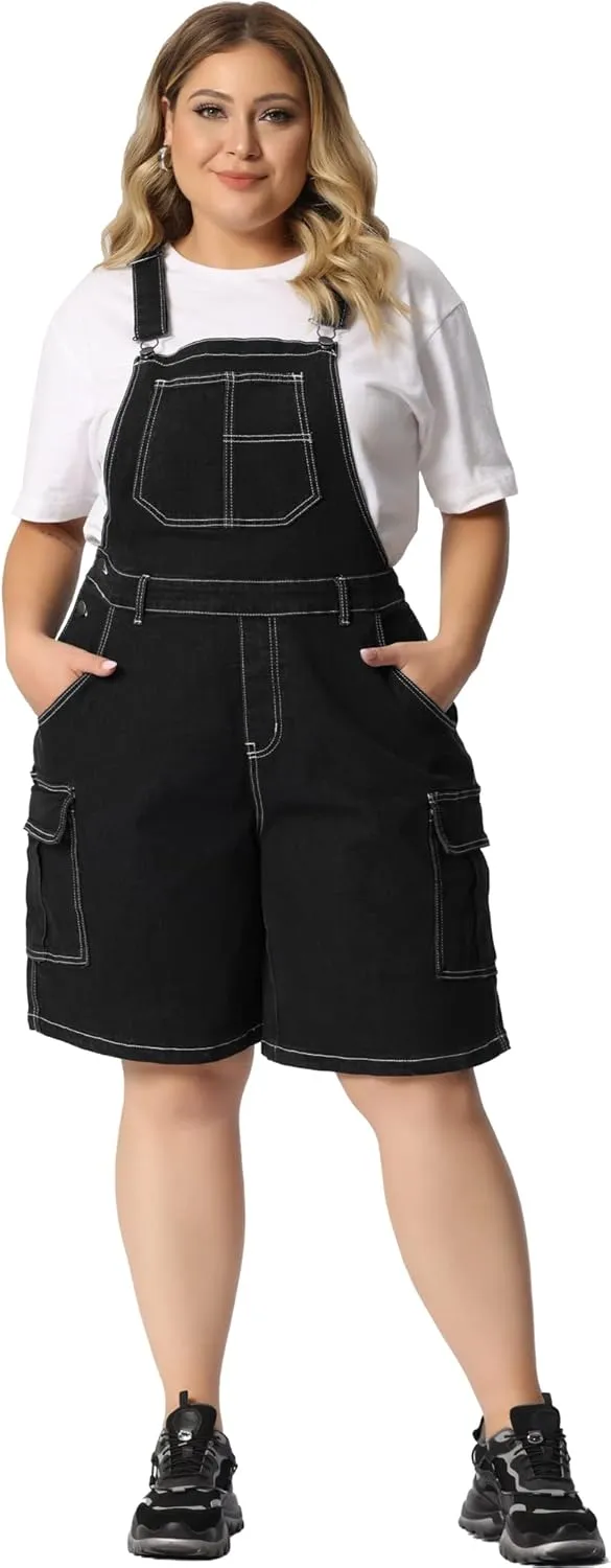 Agnes Orinda Plus Size Overall Shorts for Women Jumpsuit Adjustable Strap Bib Cargo Pocket Jean Denim Overalls