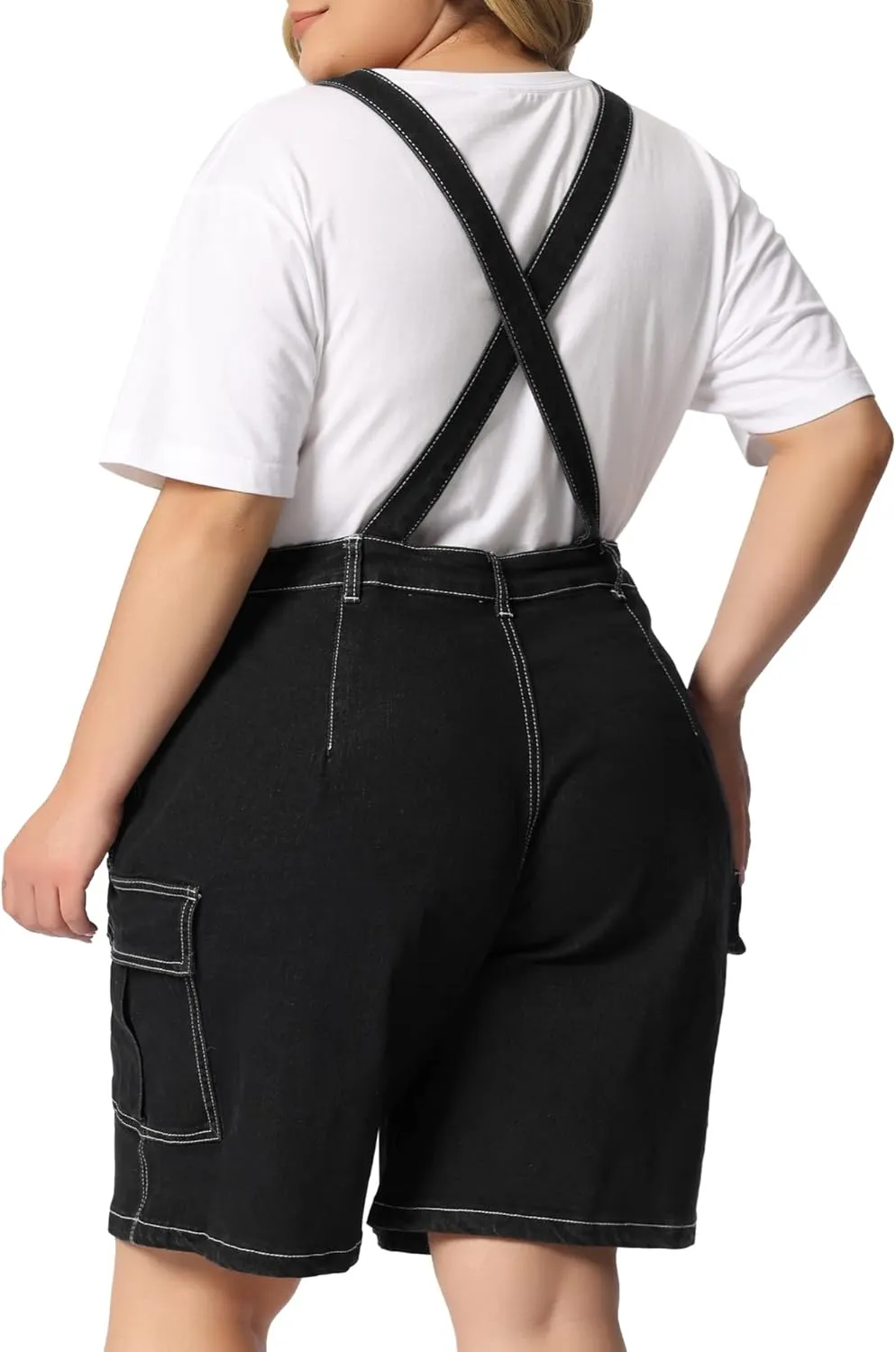 Agnes Orinda Plus Size Overall Shorts for Women Jumpsuit Adjustable Strap Bib Cargo Pocket Jean Denim Overalls