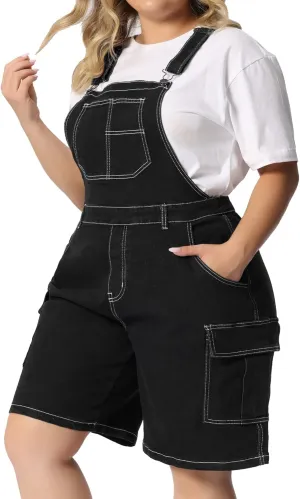 Agnes Orinda Plus Size Overall Shorts for Women Jumpsuit Adjustable Strap Bib Cargo Pocket Jean Denim Overalls