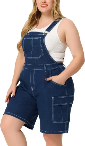 Agnes Orinda Plus Size Overall Shorts for Women Jumpsuit Adjustable Strap Bib Cargo Pocket Jean Denim Overalls