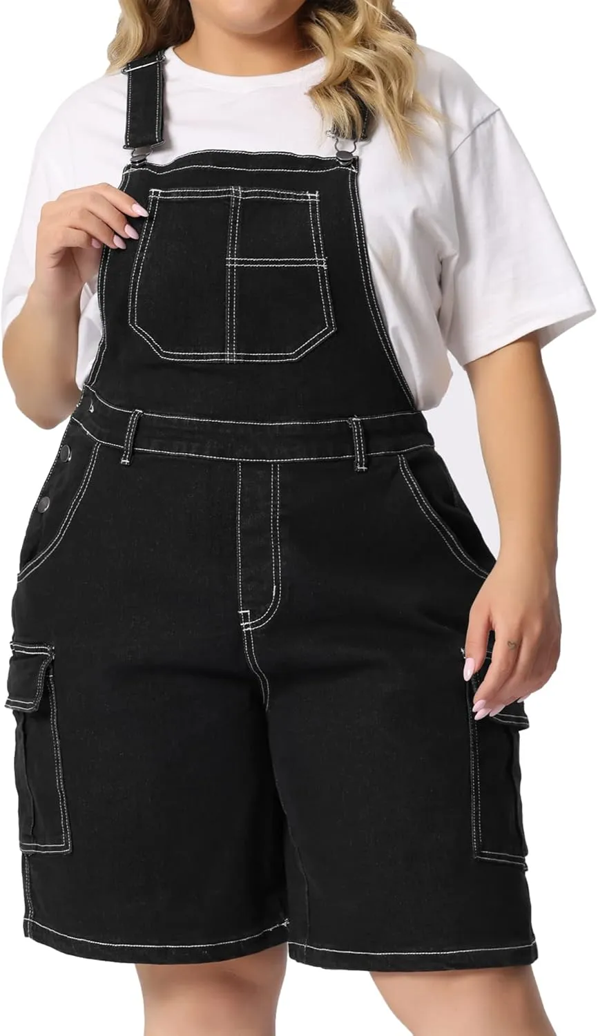 Agnes Orinda Plus Size Overall Shorts for Women Jumpsuit Adjustable Strap Bib Cargo Pocket Jean Denim Overalls