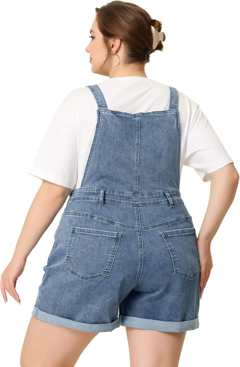Agnes Orinda Plus Size Overall Shorts for Women Jumpsuit Roll Hem Pocket Jean Denim Overalls
