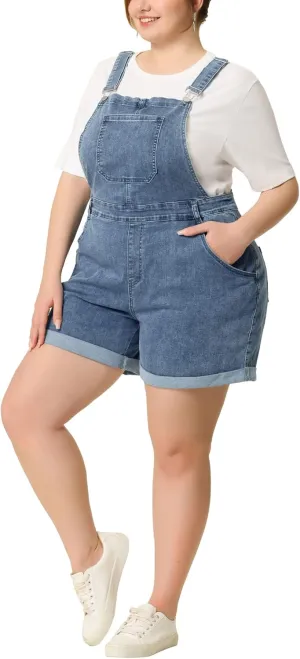 Agnes Orinda Plus Size Overall Shorts for Women Jumpsuit Roll Hem Pocket Jean Denim Overalls