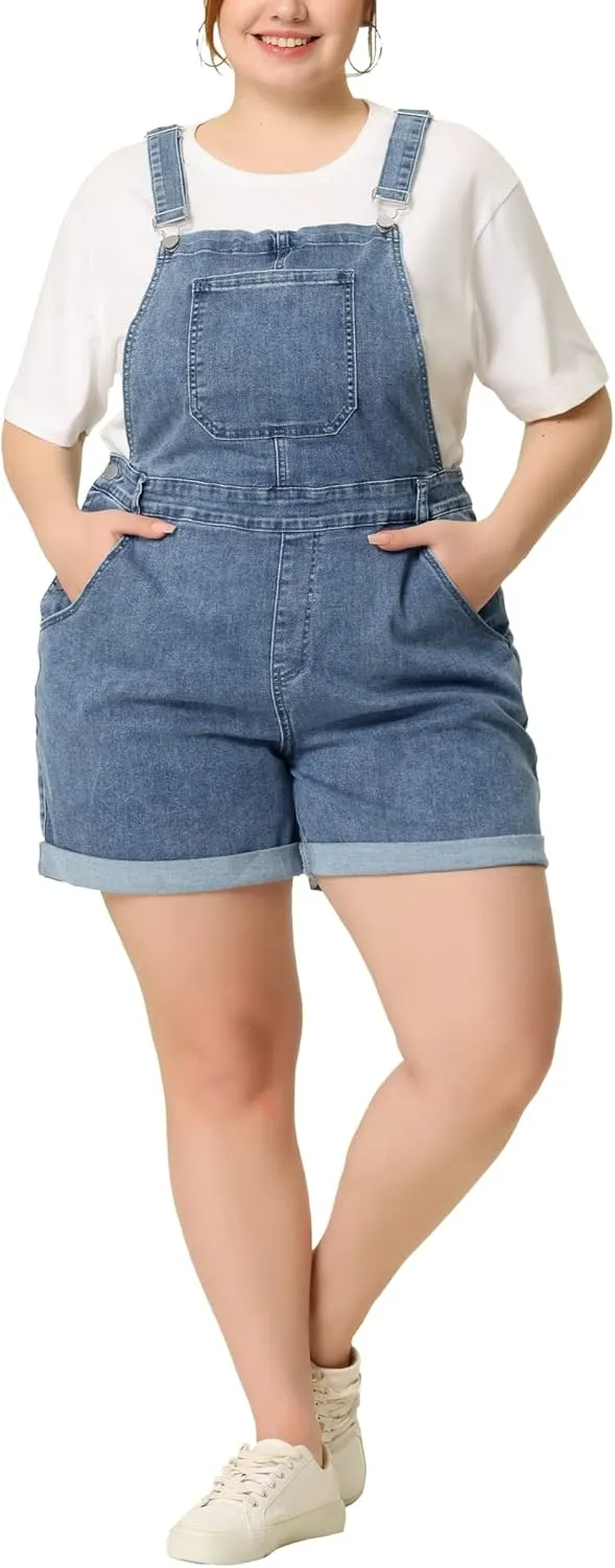 Agnes Orinda Plus Size Overall Shorts for Women Jumpsuit Roll Hem Pocket Jean Denim Overalls