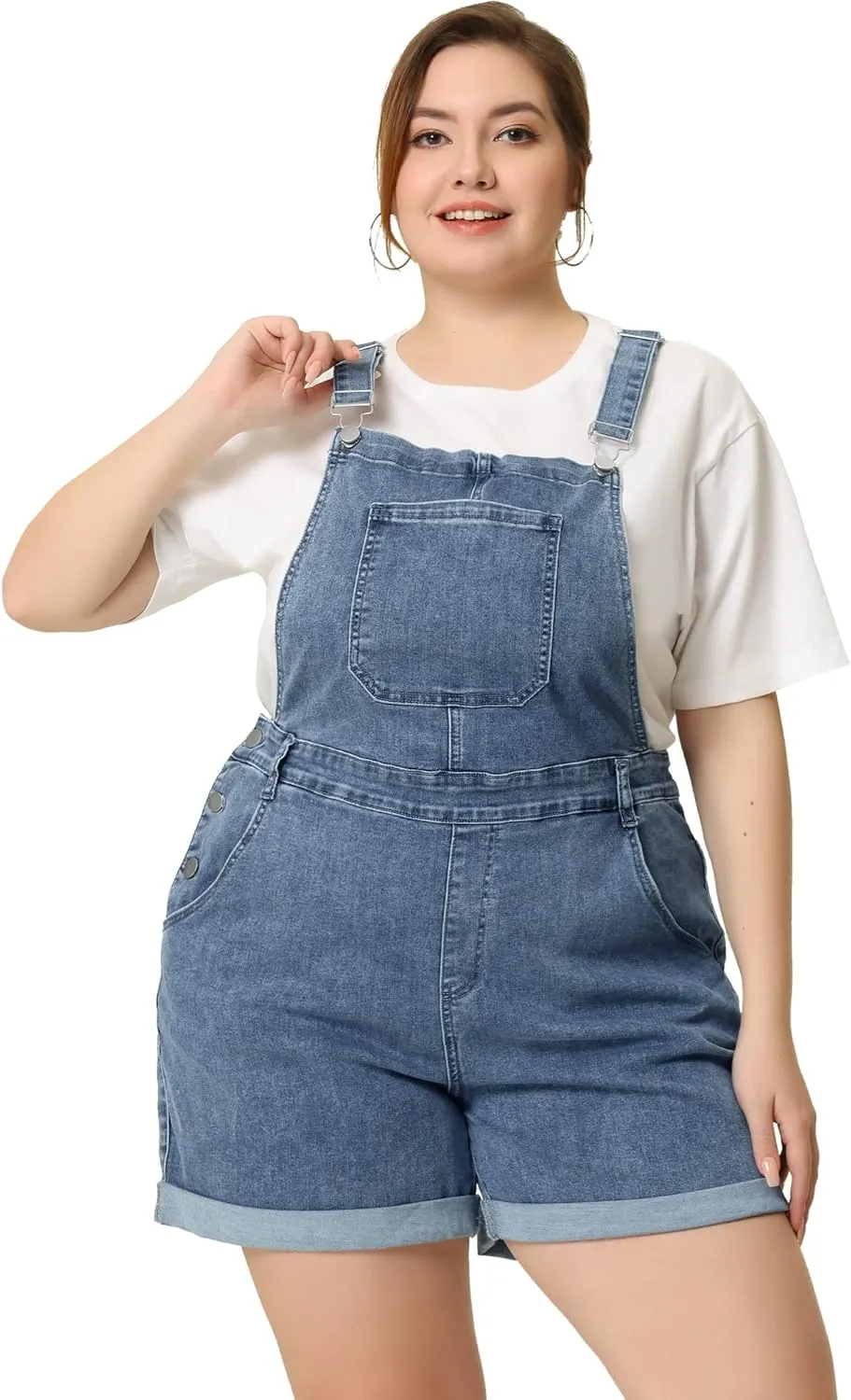 Agnes Orinda Plus Size Overall Shorts for Women Jumpsuit Roll Hem Pocket Jean Denim Overalls
