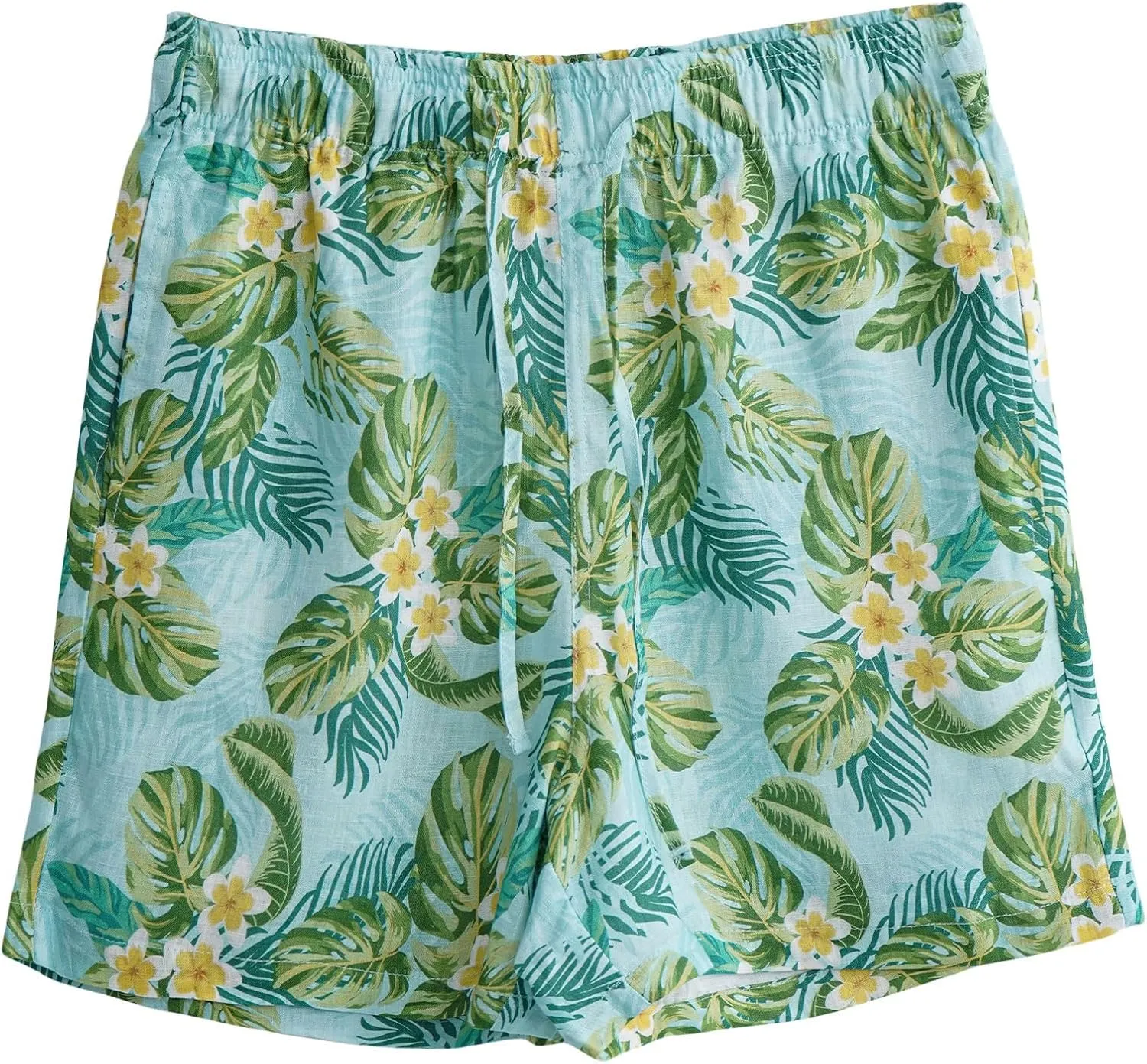 Amazhiyu Men' s 100% Linen Summer Floral Hawaiian Casual Drawstring Beach Shorts