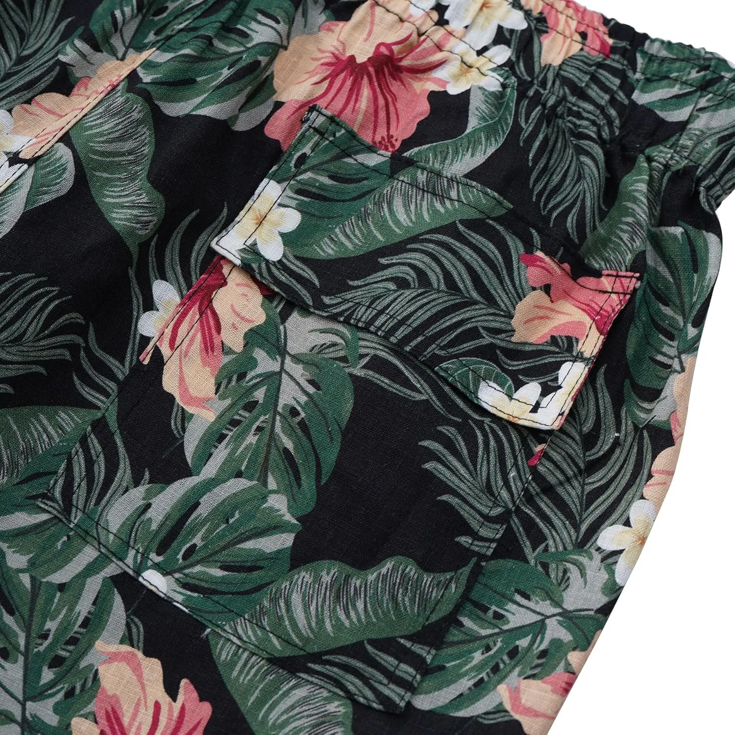 Amazhiyu Men' s 100% Linen Summer Floral Hawaiian Casual Drawstring Beach Shorts