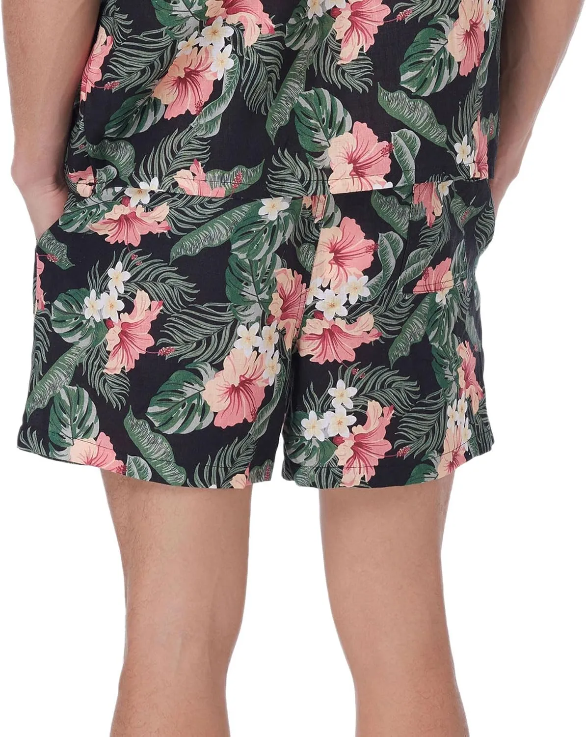 Amazhiyu Men' s 100% Linen Summer Floral Hawaiian Casual Drawstring Beach Shorts