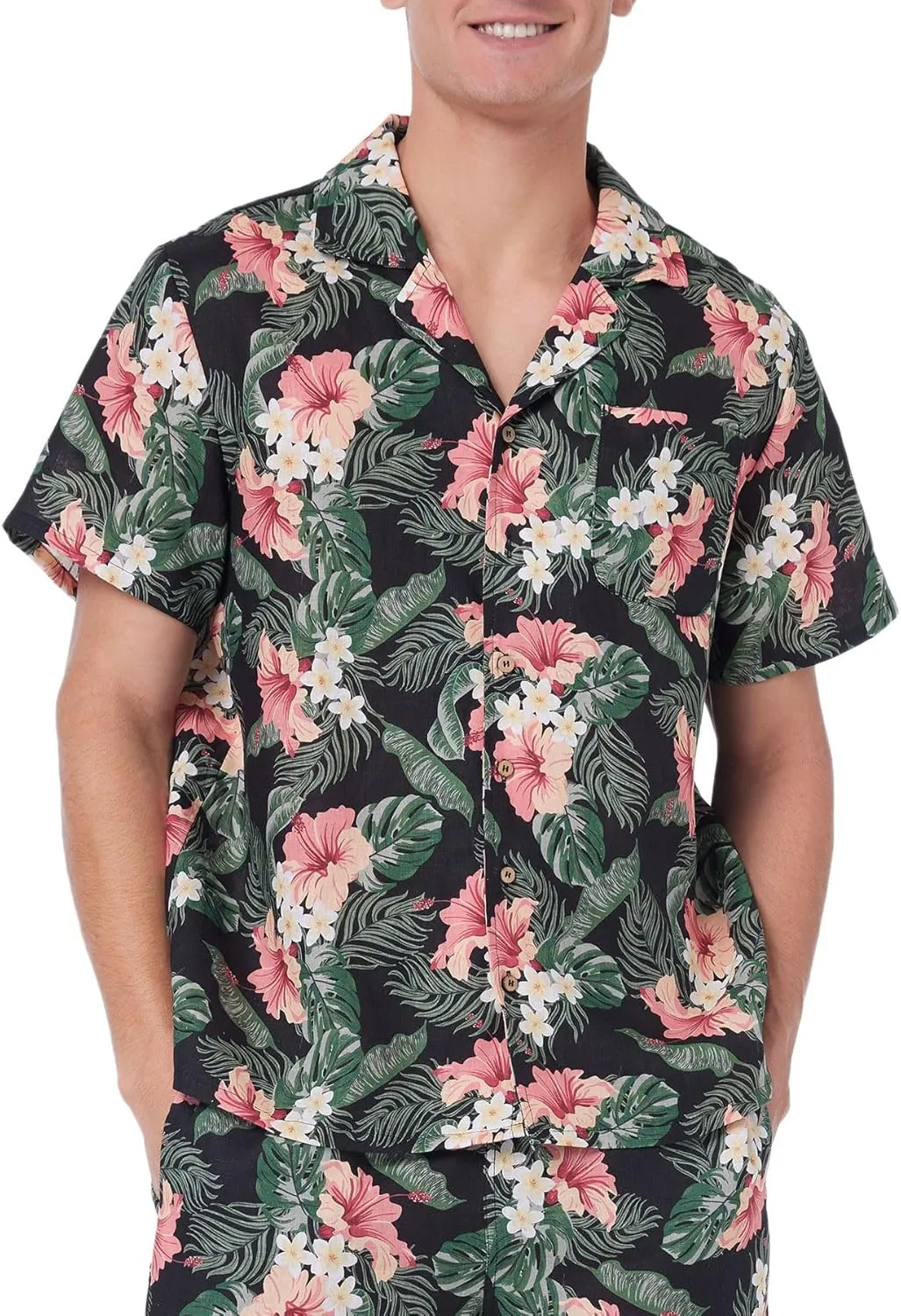 Amazhiyu Men's 100% Linen Floral Hawaiian Tropical Button Down Shirts Short Sleeve Tops