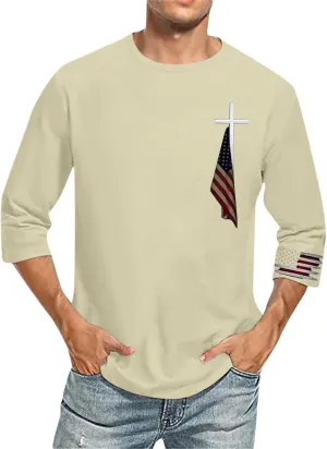 American Flag T Shirt for Men 3/4 Sleeve Crew Neck Cotton Shirts Quick Dry Gym Yoga Athletic Workout Tees Tops