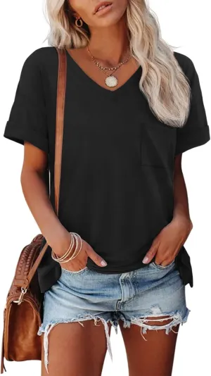 ATHMILE Womens T Shirts 2025 Short Sleeve V-Neck Shirts Cute Fit Summer Casual Tee Tops S-3XL Beach