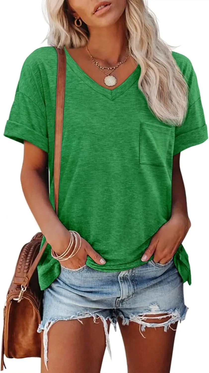 ATHMILE Womens T Shirts 2025 Short Sleeve V-Neck Shirts Cute Fit Summer Casual Tee Tops S-3XL Beach