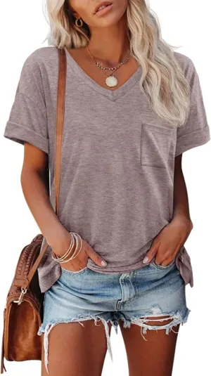 ATHMILE Womens T Shirts 2025 Short Sleeve V-Neck Shirts Cute Fit Summer Casual Tee Tops S-3XL Beach