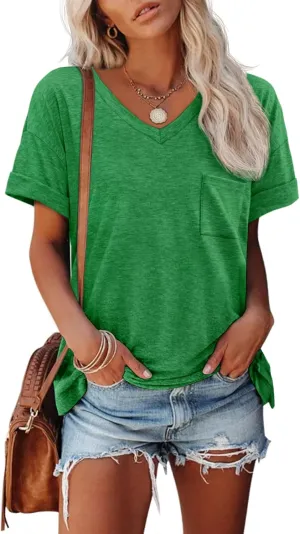 ATHMILE Womens T Shirts 2025 Short Sleeve V-Neck Shirts Cute Fit Summer Casual Tee Tops S-3XL Beach