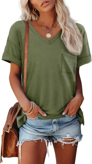 ATHMILE Womens T Shirts 2025 Short Sleeve V-Neck Shirts Cute Fit Summer Casual Tee Tops S-3XL Beach