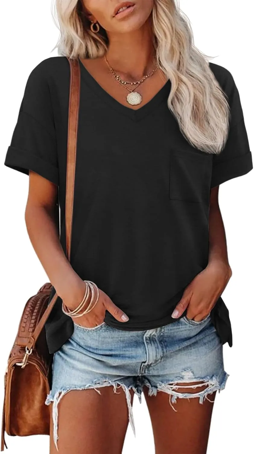 ATHMILE Womens T Shirts 2025 Short Sleeve V-Neck Shirts Cute Fit Summer Casual Tee Tops S-3XL Beach