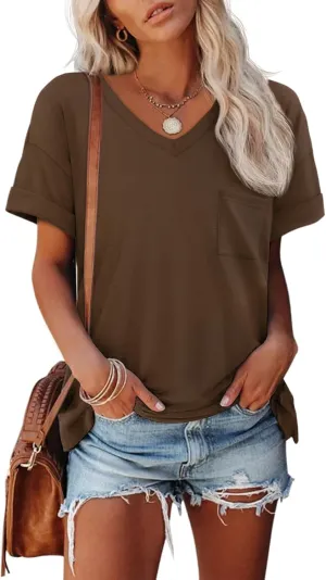 ATHMILE Womens T Shirts 2025 Short Sleeve V-Neck Shirts Cute Fit Summer Casual Tee Tops S-3XL Beach