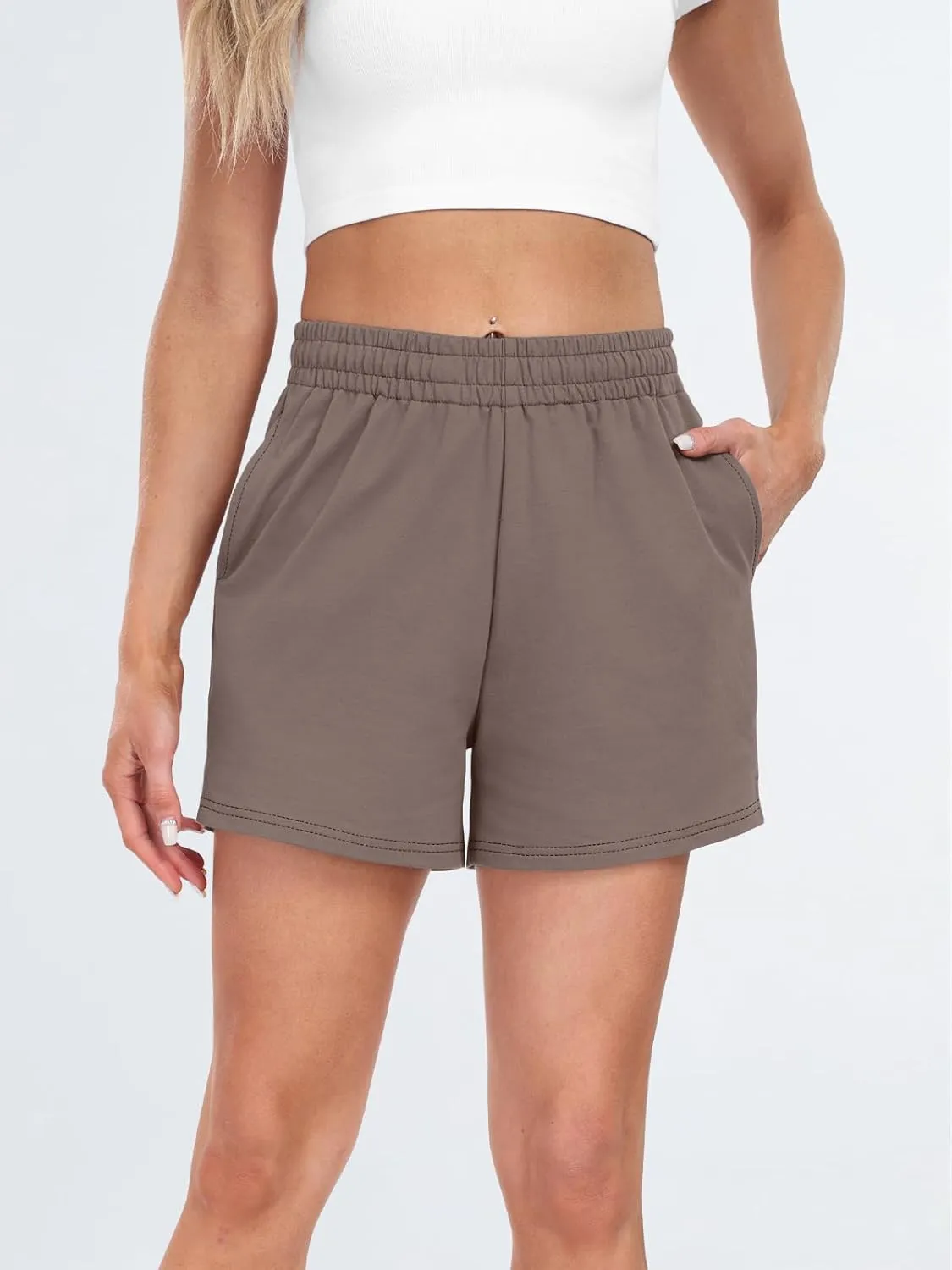 AUTOMET Womens Sweat Shorts Casual Summer Drawstring Comfy Elastic High Waist Running Clothes with Pockets