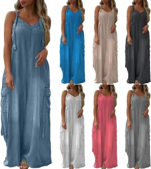 Baggy Overalls for Women Loose Fit Oversized Wide Leg Jumpsuit Boho Flowy Long Palazzo Pants Summer Rompers w/Pockets