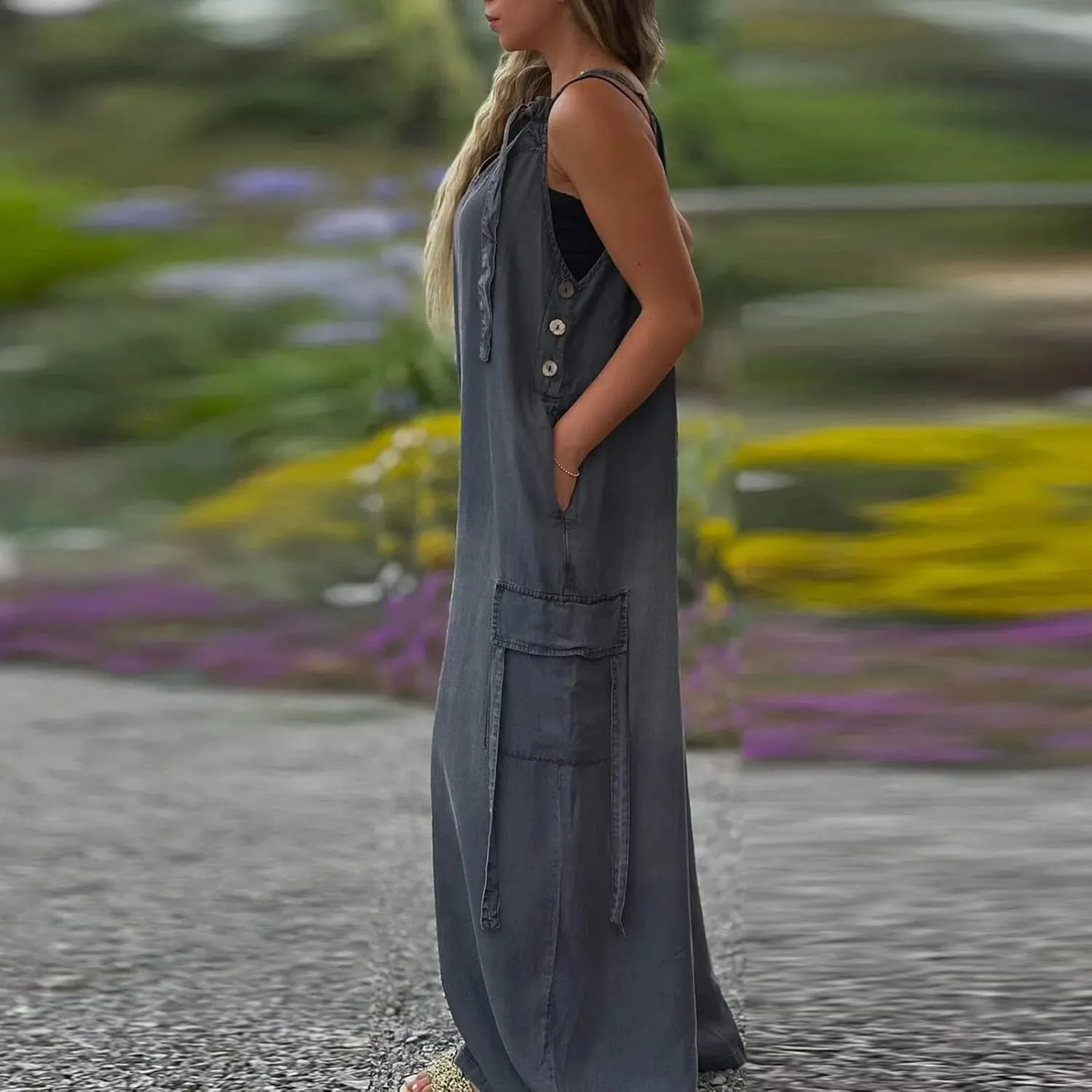 Baggy Overalls for Women Loose Fit Oversized Wide Leg Jumpsuit Boho Flowy Long Palazzo Pants Summer Rompers w/Pockets