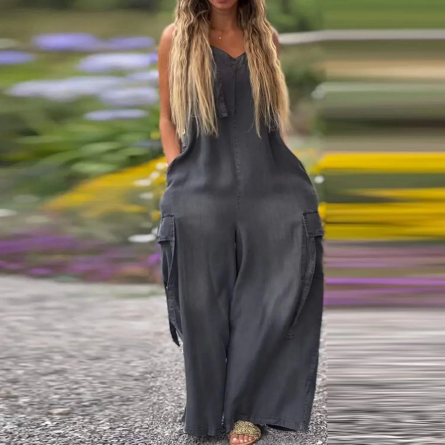 Baggy Overalls for Women Loose Fit Oversized Wide Leg Jumpsuit Boho Flowy Long Palazzo Pants Summer Rompers w/Pockets