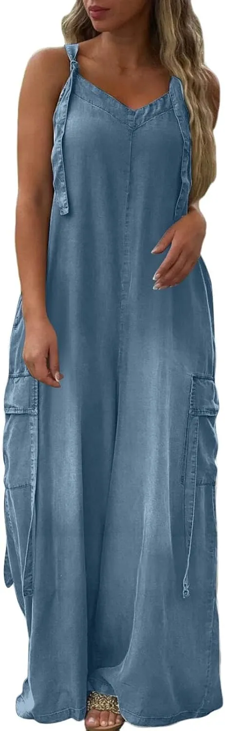 Baggy Overalls for Women Loose Fit Oversized Wide Leg Jumpsuit Boho Flowy Long Palazzo Pants Summer Rompers w/Pockets