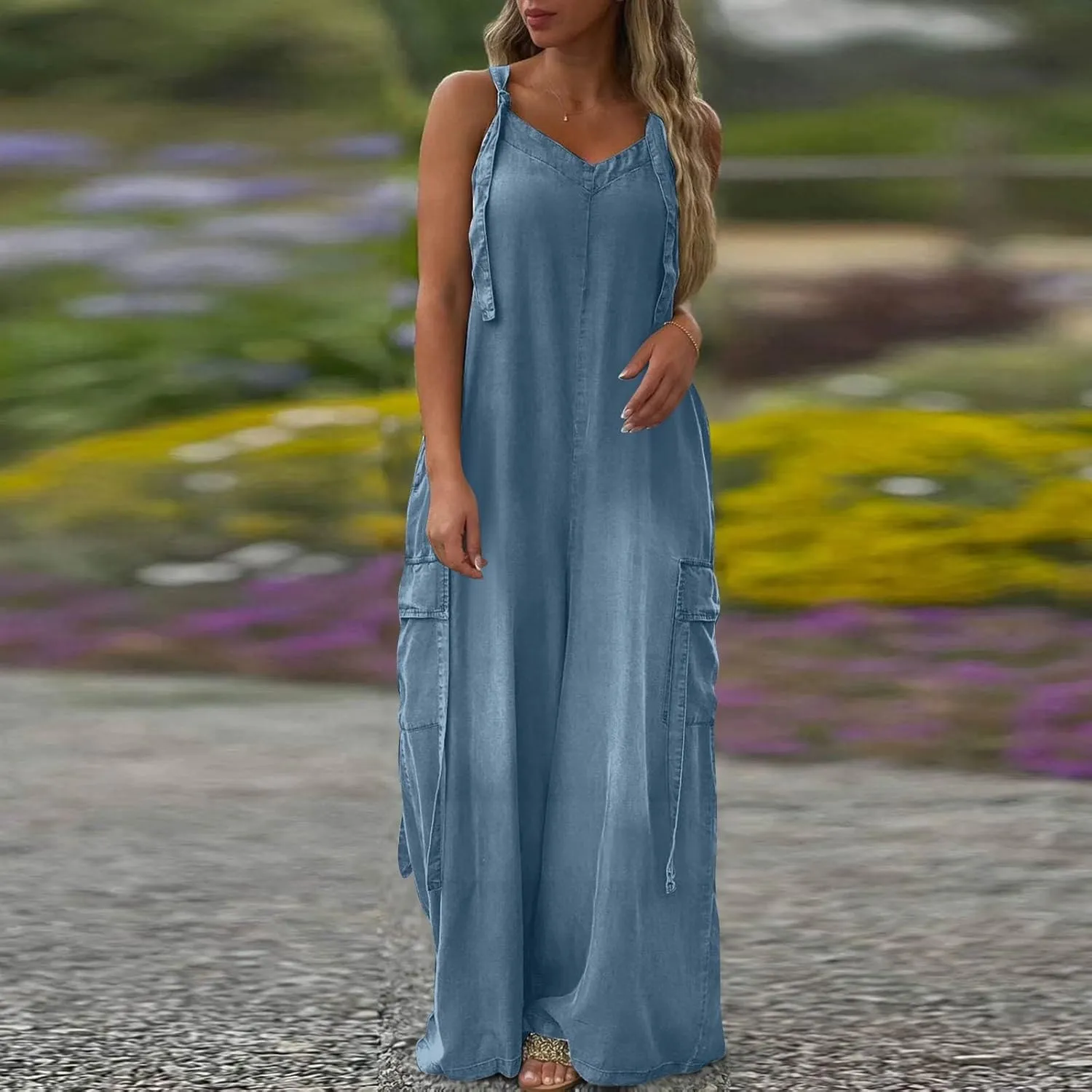Baggy Overalls for Women Loose Fit Oversized Wide Leg Jumpsuit Boho Flowy Long Palazzo Pants Summer Rompers w/Pockets