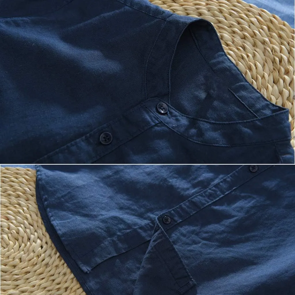 Banded Collar Shirts for Men, Cotton Linen Shirt, Casual Button Down Shirt, Summer Beach Yoga Shirts Cuban Shirt