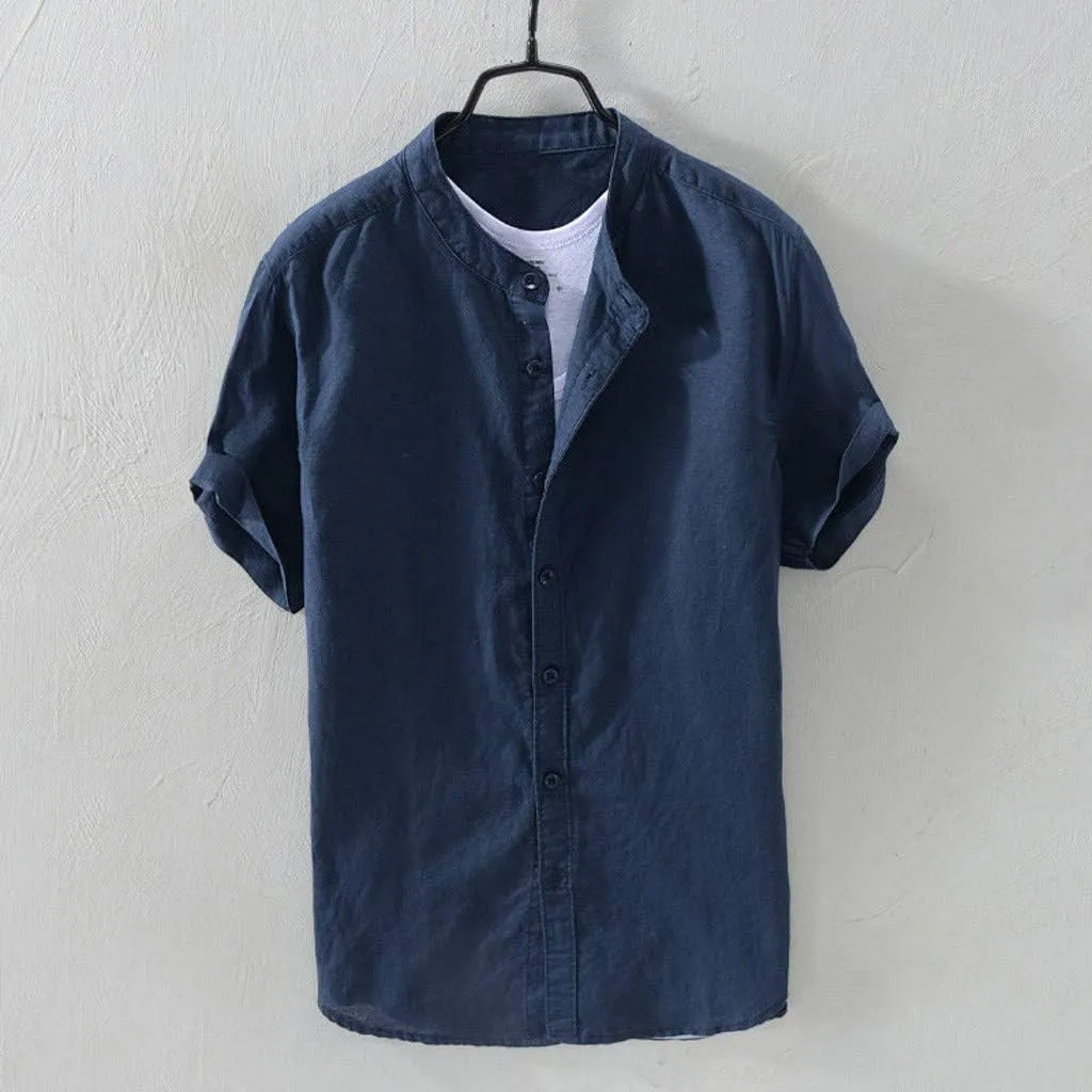 Banded Collar Shirts for Men, Cotton Linen Shirt, Casual Button Down Shirt, Summer Beach Yoga Shirts Cuban Shirt