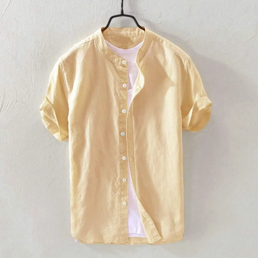 Banded Collar Shirts for Men, Cotton Linen Shirt, Casual Button Down Shirt, Summer Beach Yoga Shirts Cuban Shirt