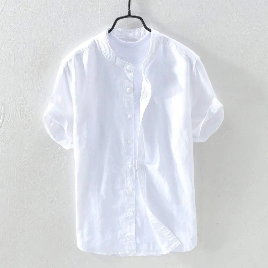 Banded Collar Shirts for Men, Cotton Linen Shirt, Casual Button Down Shirt, Summer Beach Yoga Shirts Cuban Shirt