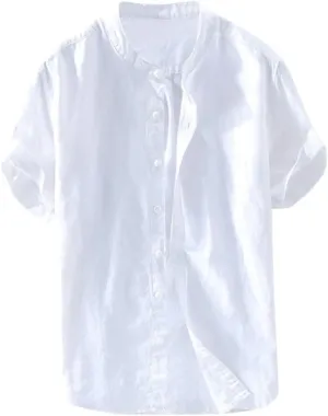Banded Collar Shirts for Men, Cotton Linen Shirt, Casual Button Down Shirt, Summer Beach Yoga Shirts Cuban Shirt