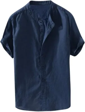 Banded Collar Shirts for Men, Cotton Linen Shirt, Casual Button Down Shirt, Summer Beach Yoga Shirts Cuban Shirt