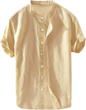 Banded Collar Shirts for Men, Cotton Linen Shirt, Casual Button Down Shirt, Summer Beach Yoga Shirts Cuban Shirt