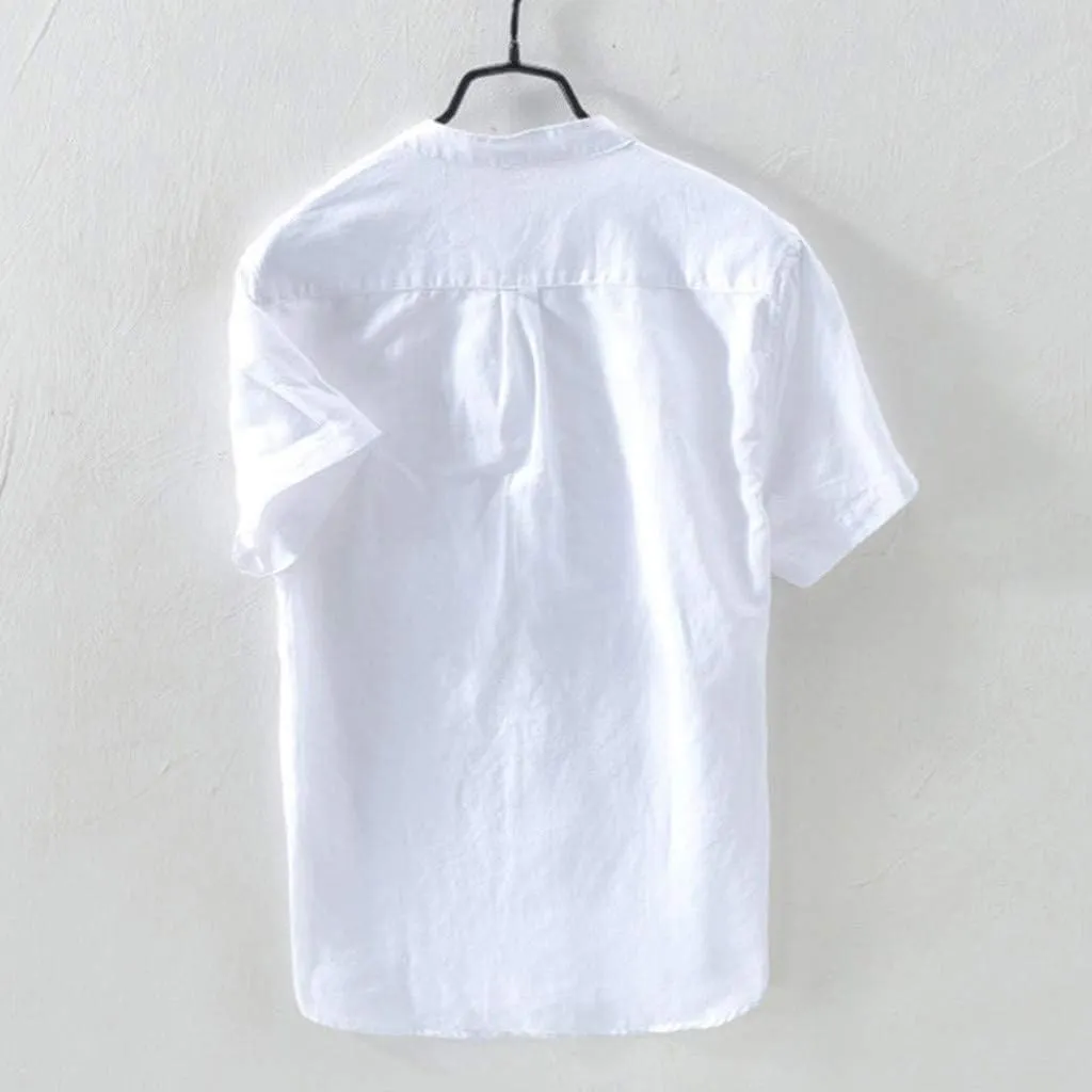 Banded Collar Shirts for Men, Cotton Linen Shirt, Casual Button Down Shirt, Summer Beach Yoga Shirts Cuban Shirt