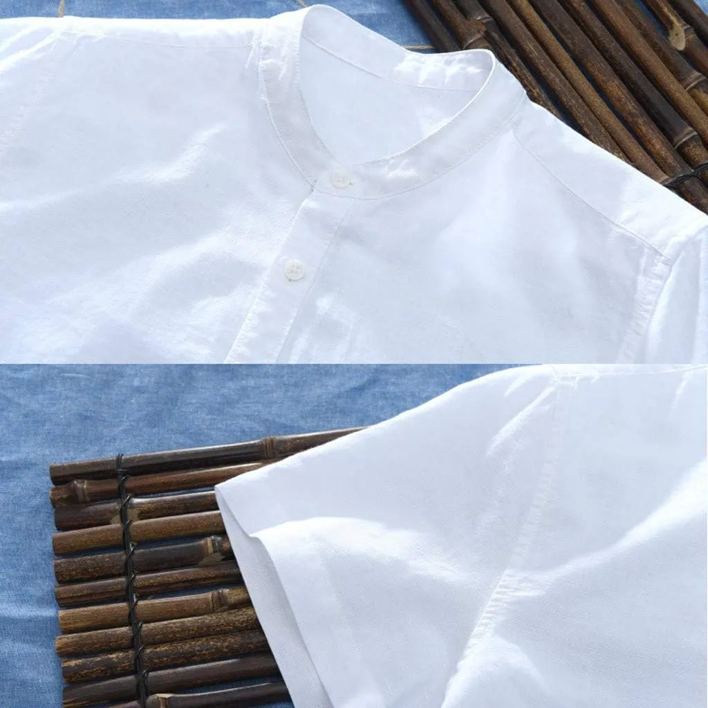 Banded Collar Shirts for Men, Cotton Linen Shirt, Casual Button Down Shirt, Summer Beach Yoga Shirts Cuban Shirt