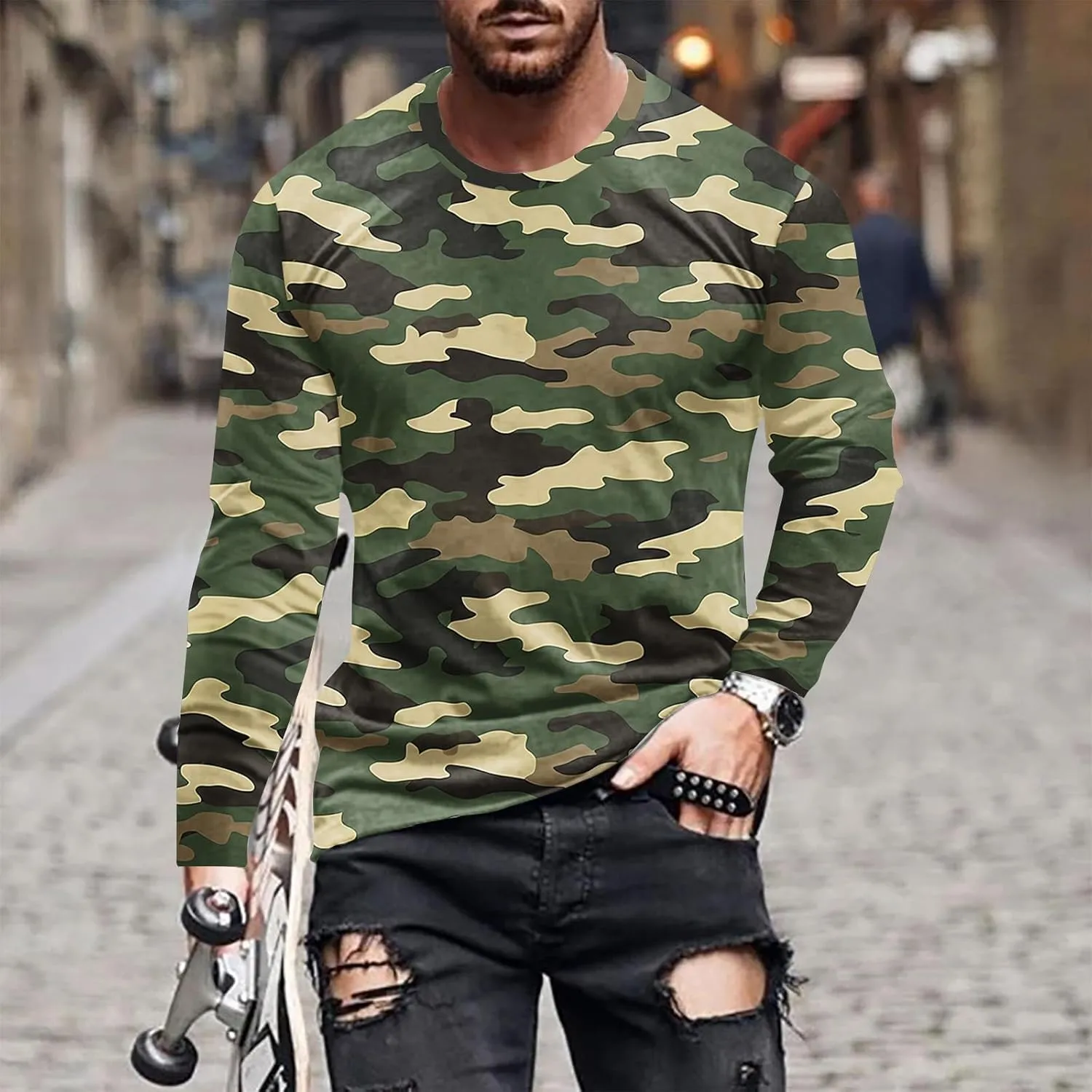 Big and Tall Shirts for Men Long Sleeve Camouflage Print Graphic Pullover Tops Camo Gym Workout Crewneck Sweatshirts