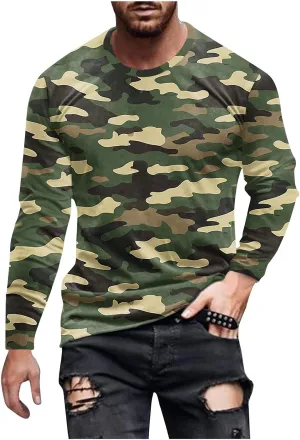 Big and Tall Shirts for Men Long Sleeve Camouflage Print Graphic Pullover Tops Camo Gym Workout Crewneck Sweatshirts