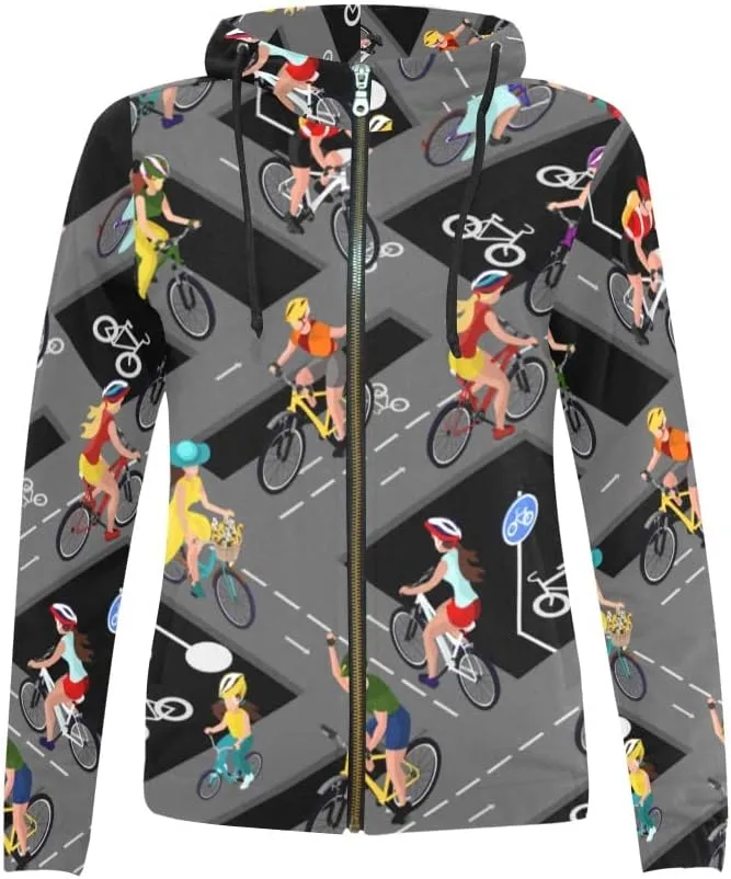 Bike Cyclists Womens Cute Lightweight Casual Zip Up Hoodies, Thin Jacket Long Sleeve Sweatshirts