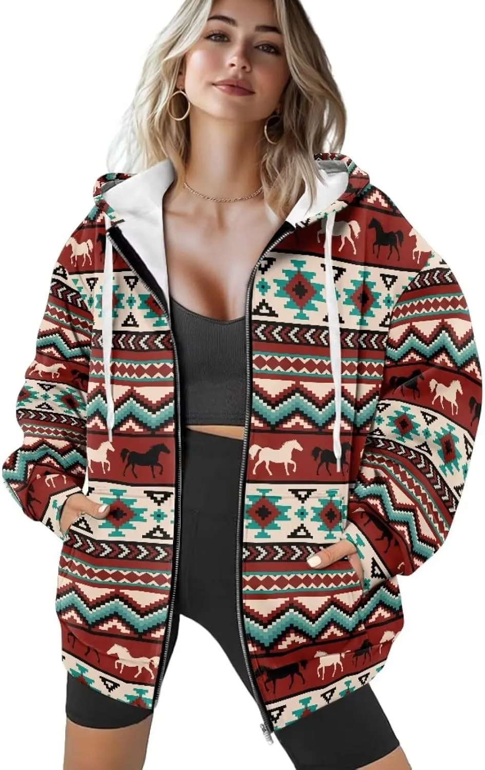 Biyejit Womens Zip Up Hoodies Long Sleeve Fall Oversized Sweatshirts Y2K Jacket with Pockets