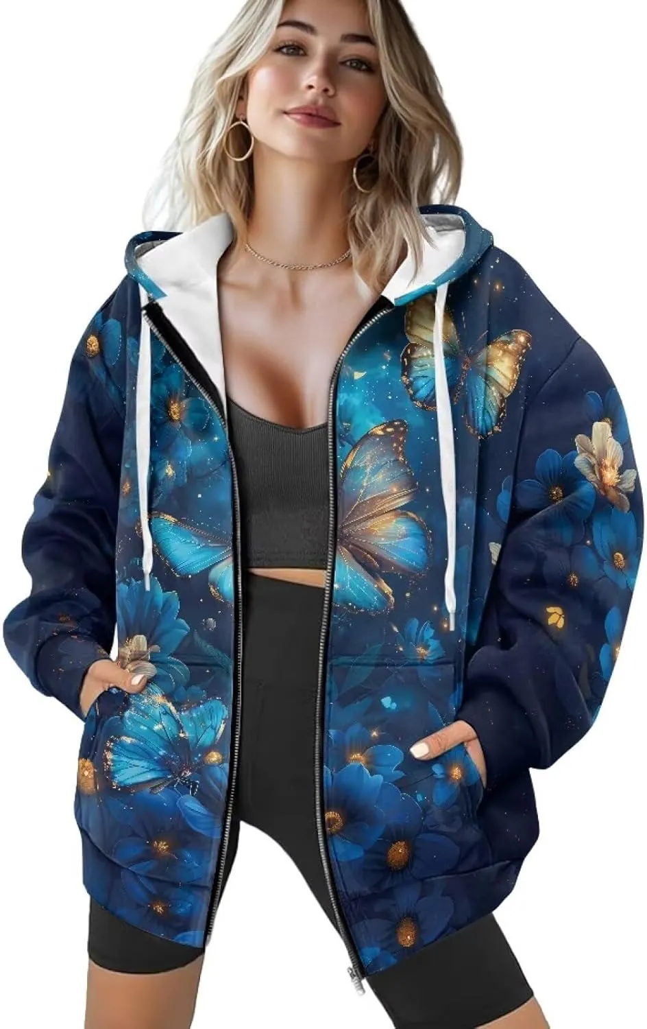 Biyejit Womens Zip Up Hoodies Long Sleeve Fall Oversized Sweatshirts Y2K Jacket with Pockets